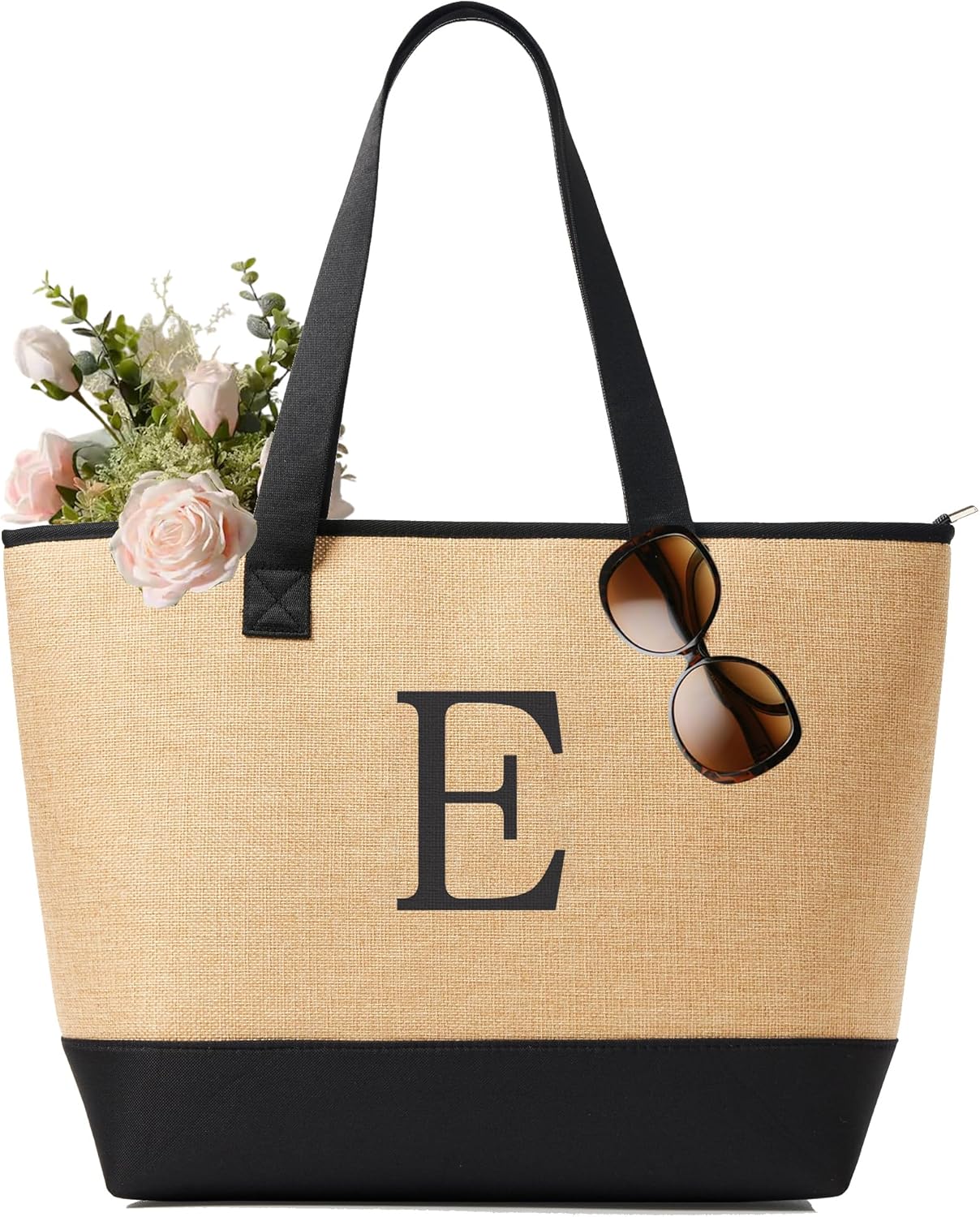 KALIDI Woven Tote Bag for Women, Lightweigh Monogram Beach Bag with Zipper & Sand-Proof Canvas Base, Personalized Gift