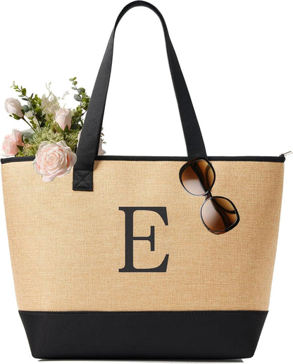 KALIDI Woven Tote Bag for Women, Lightweigh Monogram Beach Bag with Zipper & Sand-Proof Canvas Base, Personalized Gift