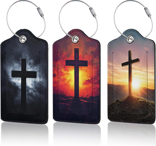 Cross Luggage Tags for Suitcase,3 Pack Luggage Tag Leather Privacy Cover ID Label with Stainless Steel Loop for Women Men