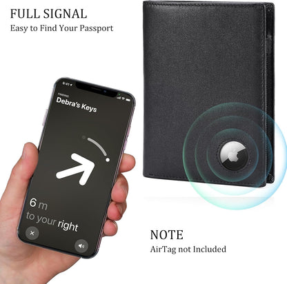 Polare Luxury RFID Blocking Leather Passport Holder Travel Wallet For Men and Women (Black with AirTag Slot)