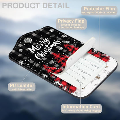 2 Pack Luggage Tags for Suitcases Red and Black Checkered Christmas Tree Leather Luggage Tags Privacy Cover ID Label with Stainless Steel Loop and Address Card for Women Men Travel Bag Backpack