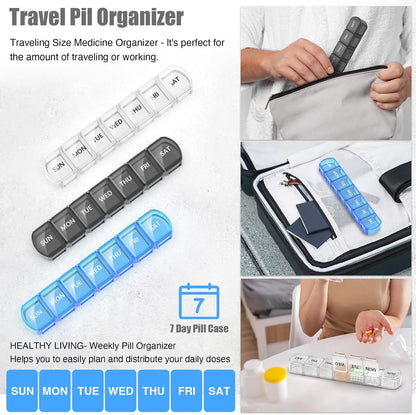 Extra Large Pill Organizer 3 Pack, XL Pill Box 7 Day, Weekly Pill Case with Large Capacity, Jumbo Organizer, BPA Free (Black+White+Blue)