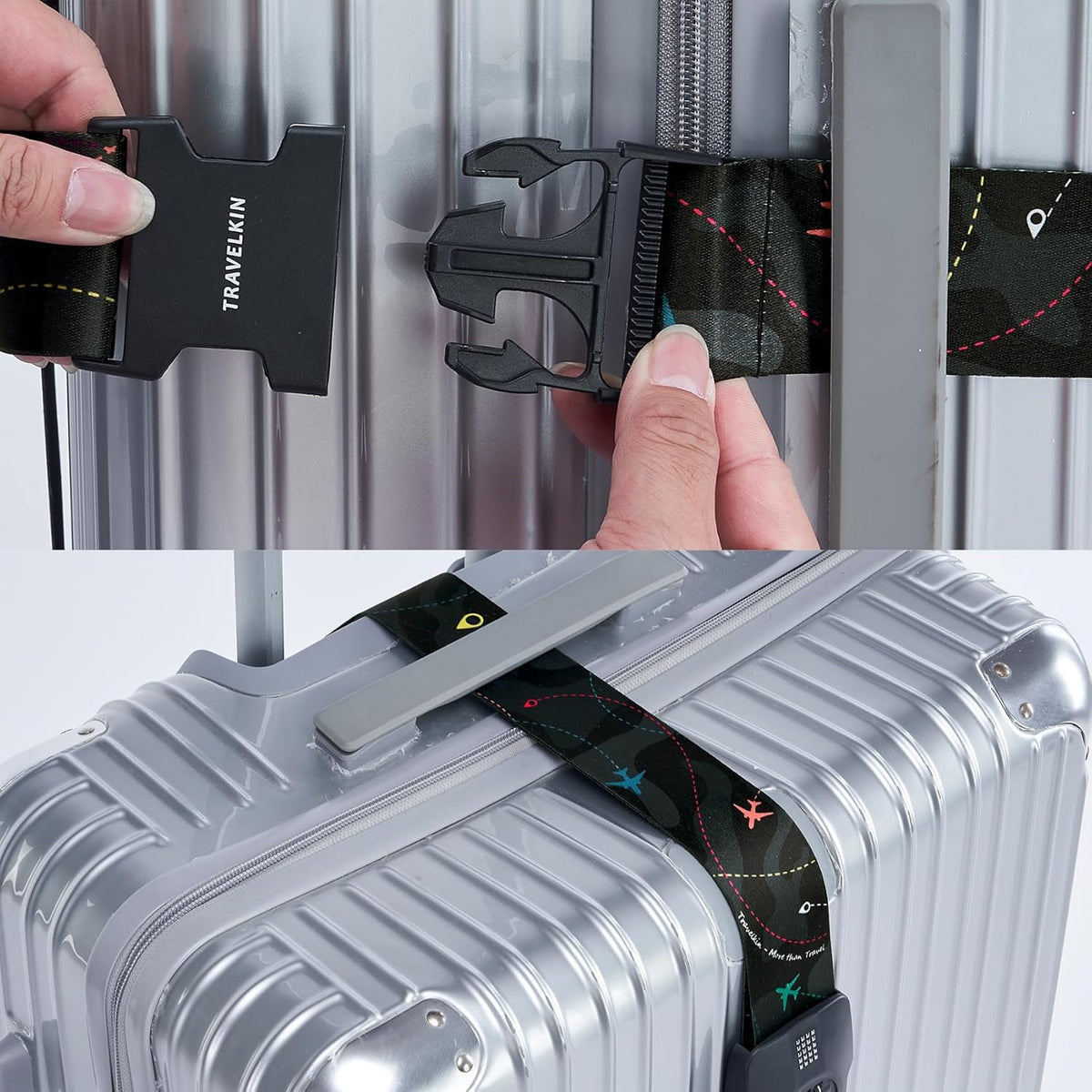 Travelkin Luggage Straps TSA Approved - Adjustable Cross Suitcase Straps with TSA Lock, Reinforced Buckle, Unique Pattern - Secure Heavy Duty Luggage Straps for Travel (Air Line Black)