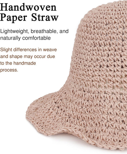 Womens Wide Brim Straw Sun Hat Foldable Floppy Crochet Beach Hat for Summer