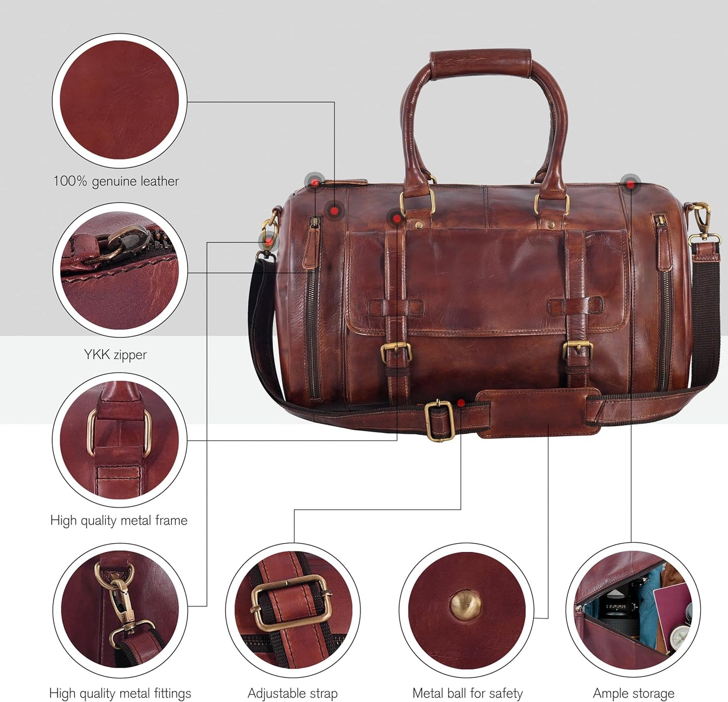 Genuine Leather Duffle Bag for Men | Vintage Weekender Travel Bag | Overnight Carry-On Luggage | Handmade Leather Gym Bag for Men