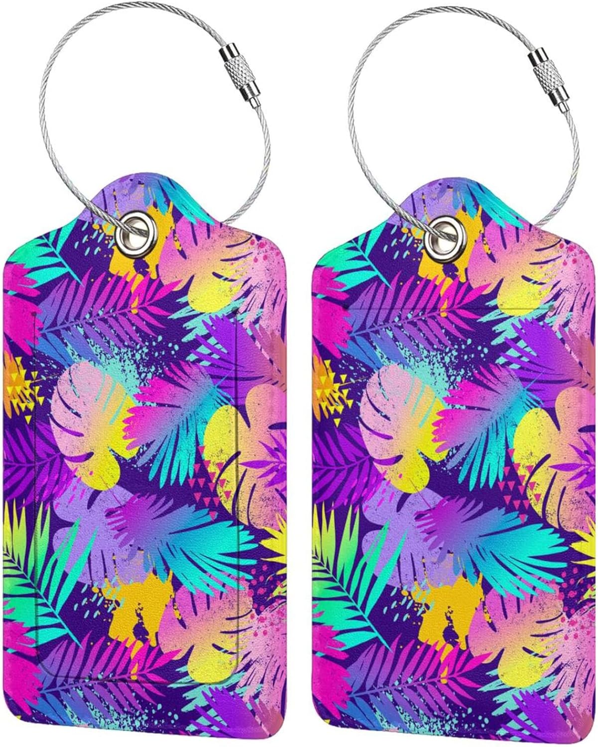 Set of 2 Purple Leaves of Palms Tree Luggage Tags for Suitcases, Colorful Art Tropical Flavour Leather Suitcase Tag Name Identifiers Labels for Travel Bag Baggage Backpack