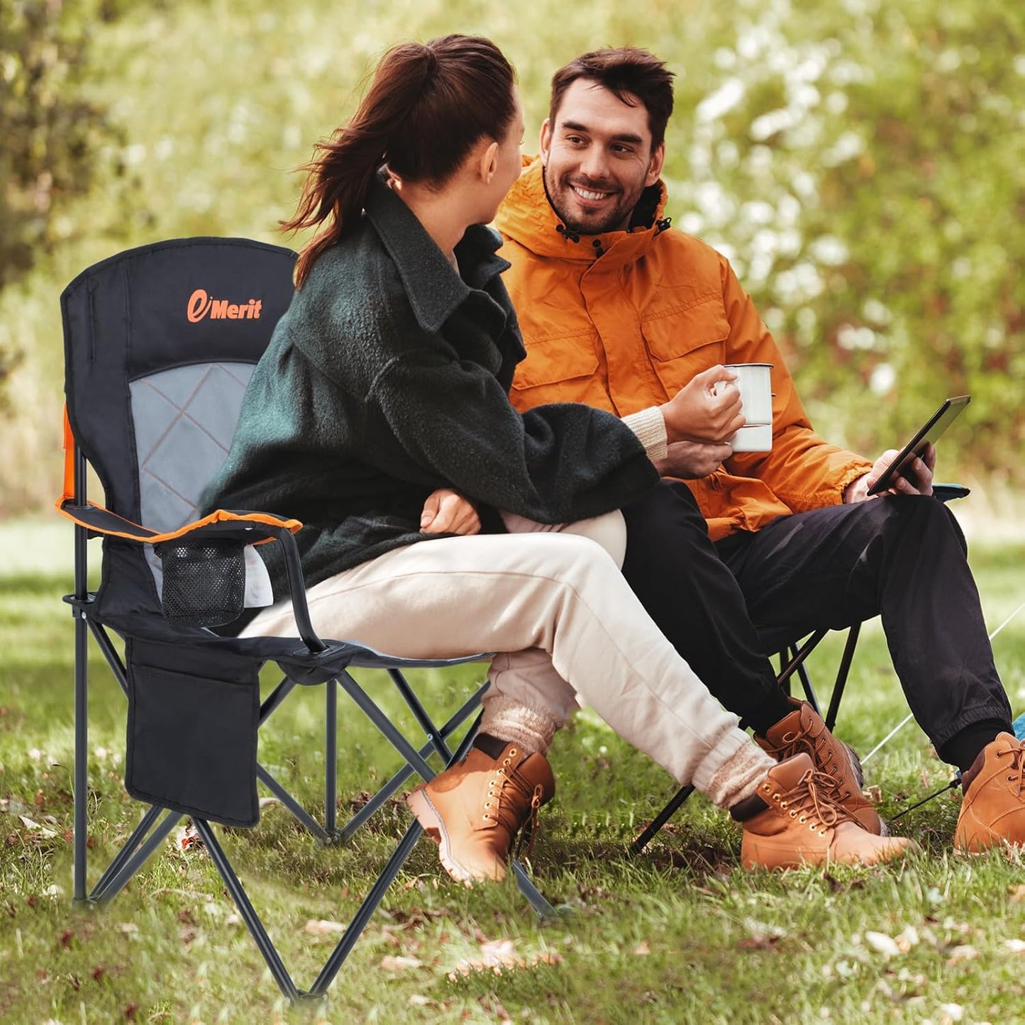 EMERIT Oversized Padded Camping Chair, 350LB Heavy Duty Quad Fold Chair with Arms, Collapsible Outdoor Chairs with Lumbar Back & Cup Holder Black