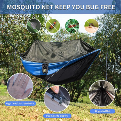 Camping Hammock with Net,Travel Portable Lightweight Hammocks with Tree Straps and Solid D-Shape Carabiners,Parachute Nylon Hammock for Outsides Backpacking Beach Backyard Patio Hiking