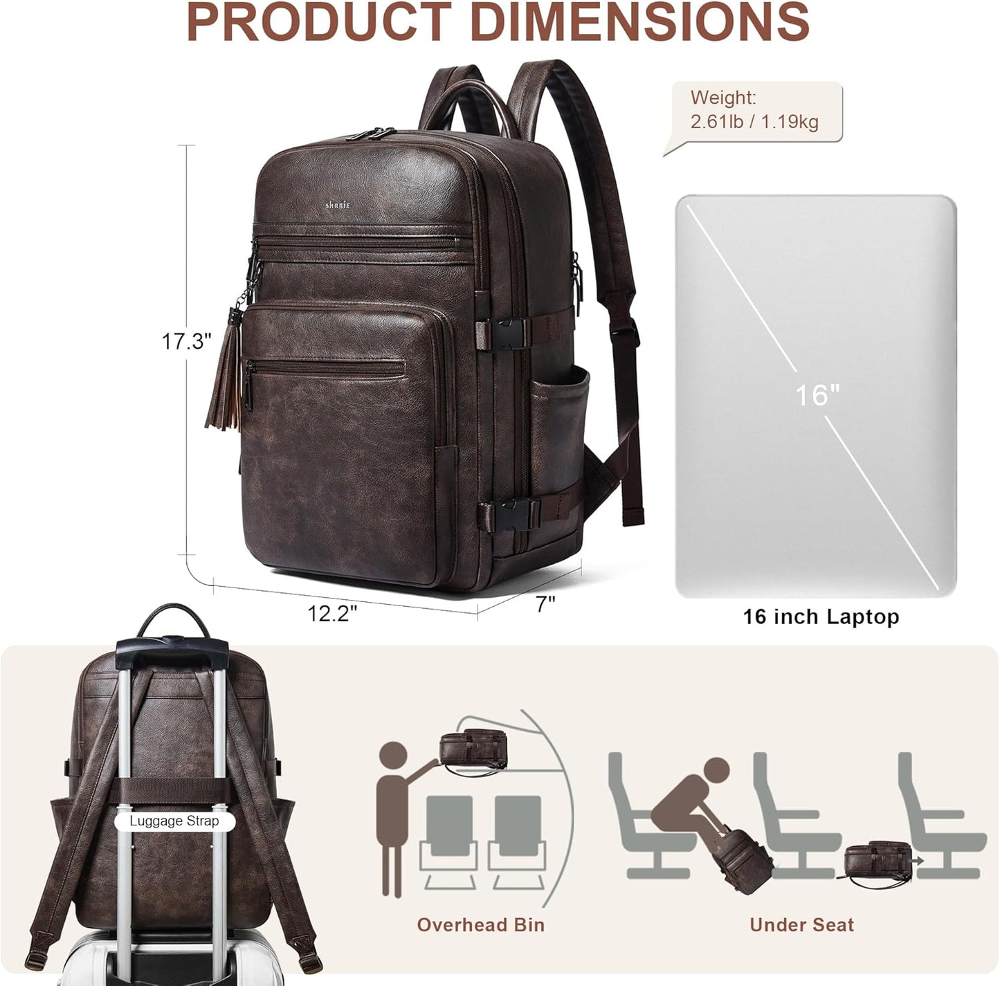 Shrrie Laptop Backpack for Women,Vegan Leather Backpack Work Computer Backpacks fits 16" Laptop,Water Resistant Teacher Nurse Casual Daypack for Weekender Camping Travel,Two-toned Coffee