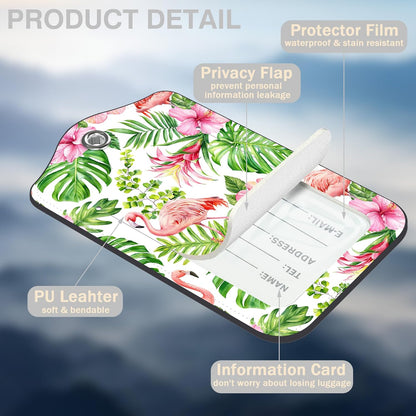 2 Pcs Pink Flamingo Luggage Tags for Suitcases Tropical Flowers and Palm Leaves PU Leather Baggage Tags Name ID Label with Privacy Cover and Stainless Steel Loop for Men Women Travel Bag Suitcase