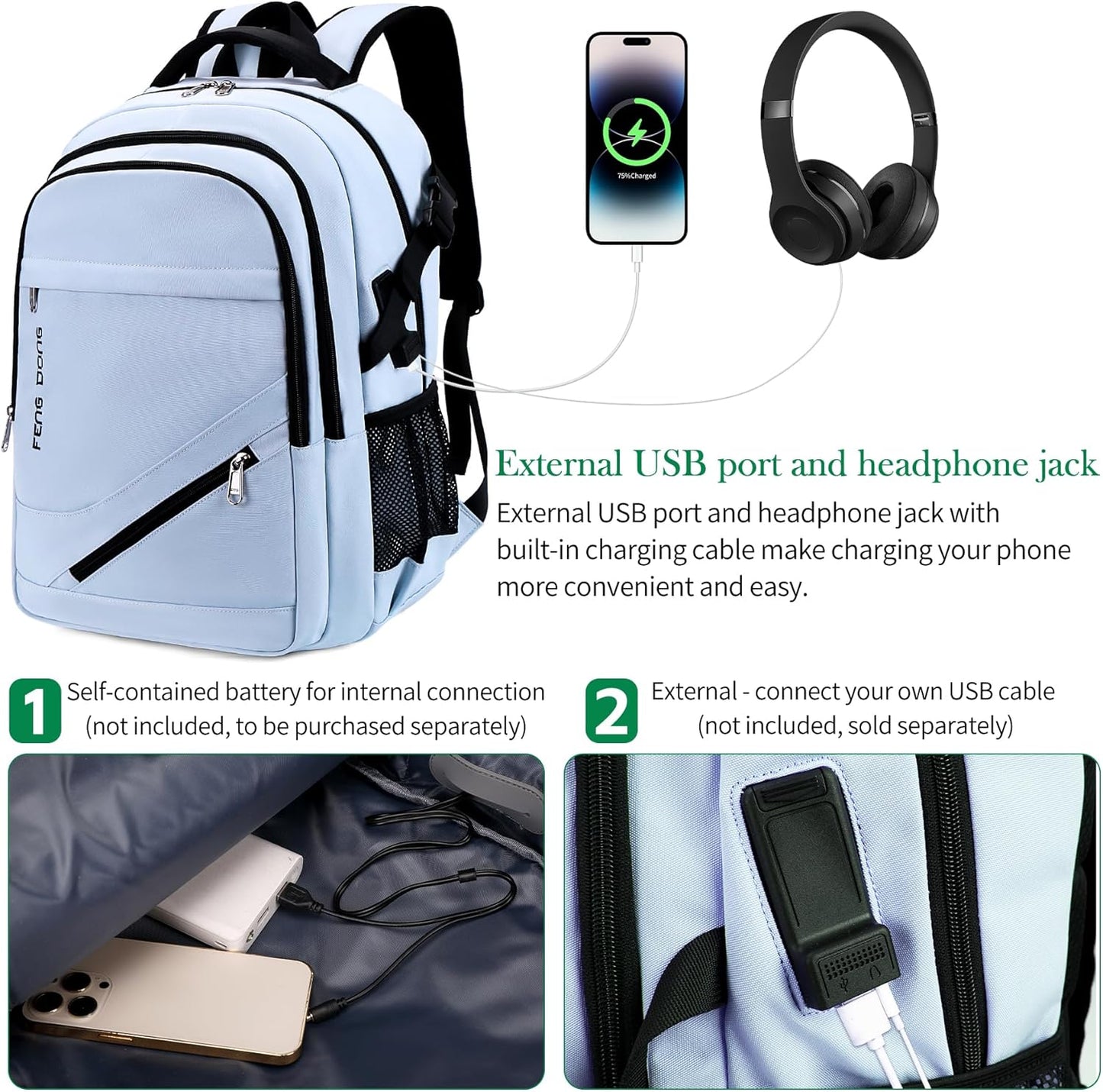 FENGDONG 17.3 inch Large Laptop Backpack Durable Waterproof Travel College Backpack Bookbag for Men & Women Business Backpack with USB Charging Port,Headset Port Light Blue