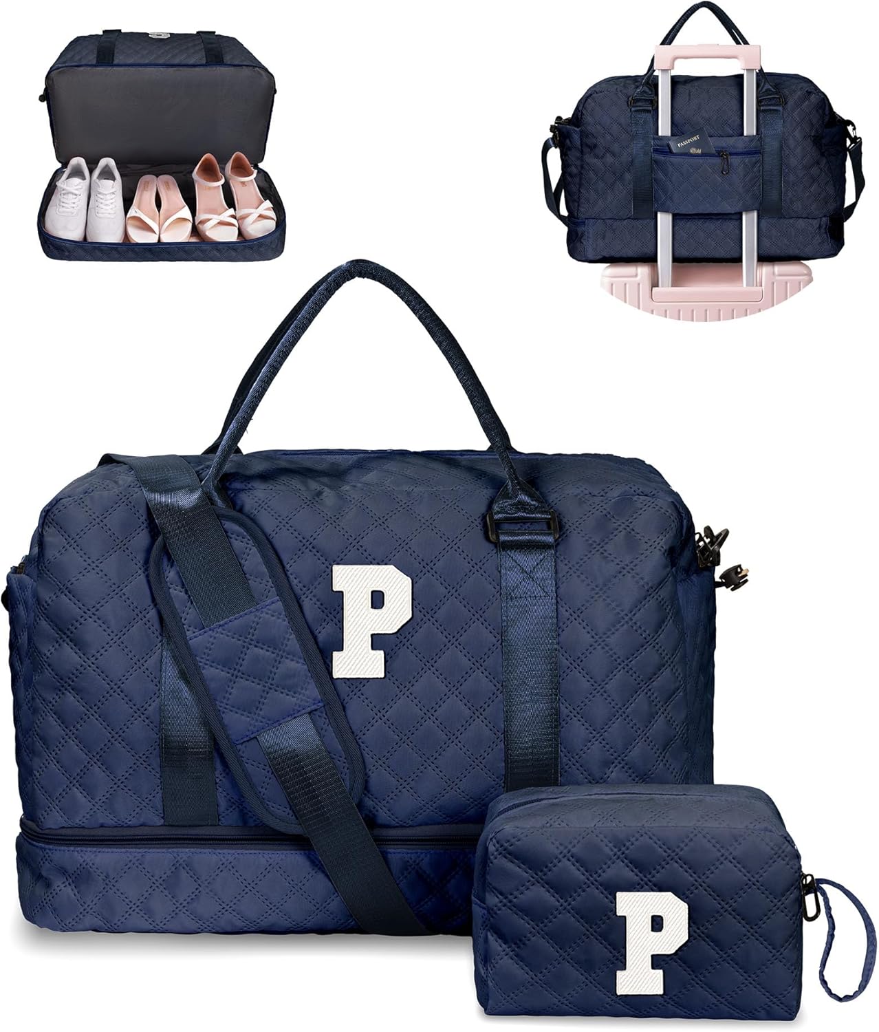 Gifts for Grandma-Initial Duffle Bag with Shoe Compartment, Personalized Weekender Bag, Monogram Overnight Bag, Letter Travel Bag with Makeup Bag，Daughter Friend Gifts (Letter P), Navy Blue