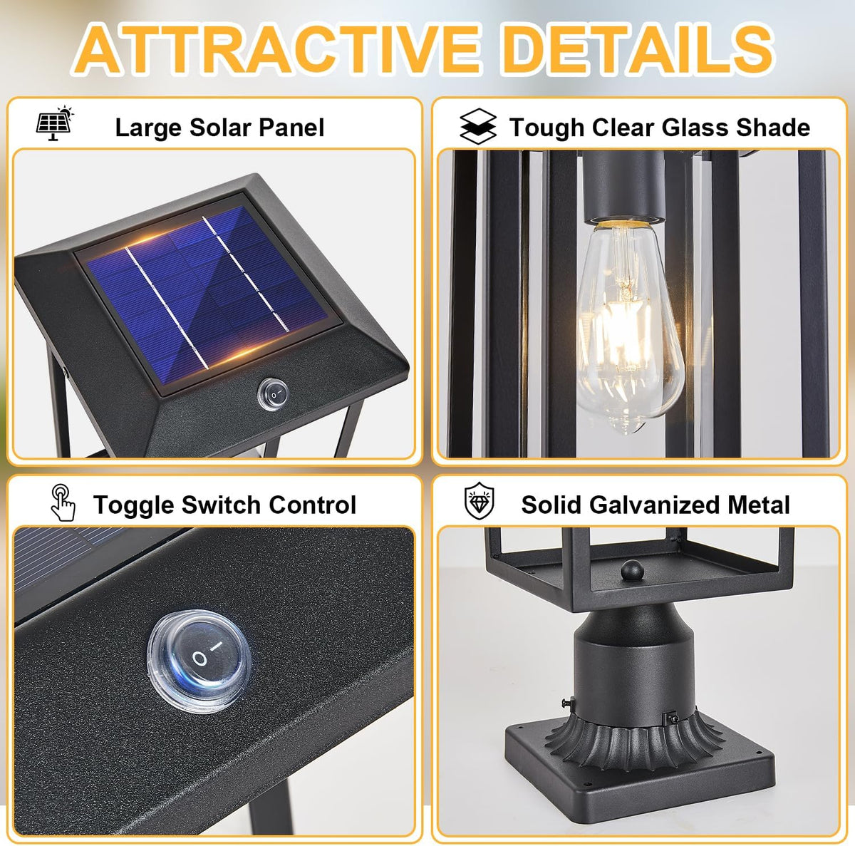 Solar Lamp Post Lights for Outdoor with Pier Mount Base, Dusk to Dawn Pole Light Head with Waterproof, Exterior Solar Powered Pillar Lights Fixture for Yard, Garden, Pathway, Black