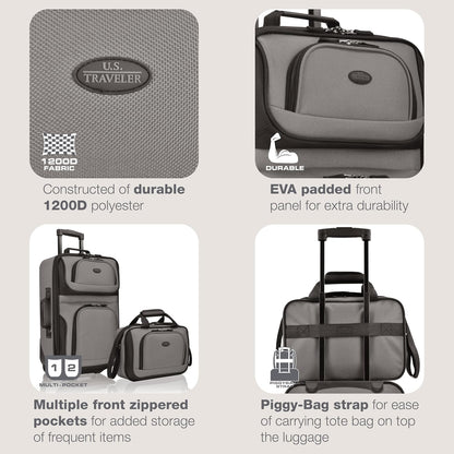 U.S. Traveler Rio Fabric Expandable Carry-on Luggage, Rolling Suitcase, Grey, 2 Wheel Set