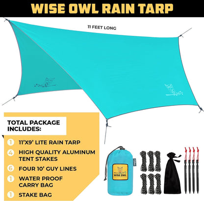 Wise Owl Outfitters Hammock Rain Fly – Waterproof Camping Tarp Cover with Tent Stakes & Carry Bag, Ultralight Shelter for Backpacking & Outdoor Shade