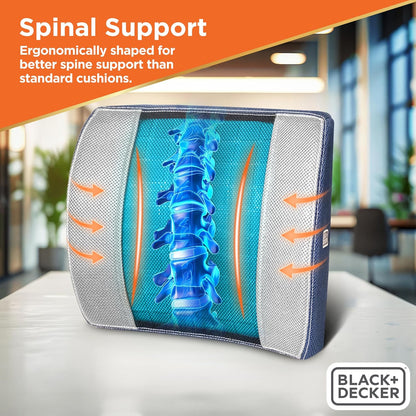 BLACK+DECKER Cooling Gel Lumbar Memory Foam Cushion – Ergonomic Back Support Travel Pillow with Ventilated Mesh, Adjustable Strap, Slow Rebound Memory Foam, Washable Cover