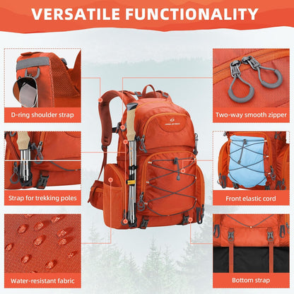 Maelstrom Hiking Backpack, 40L Waterproof Camping Daypack for Men and Women, Lightweight Travel Pack with Rain Cover-Orange