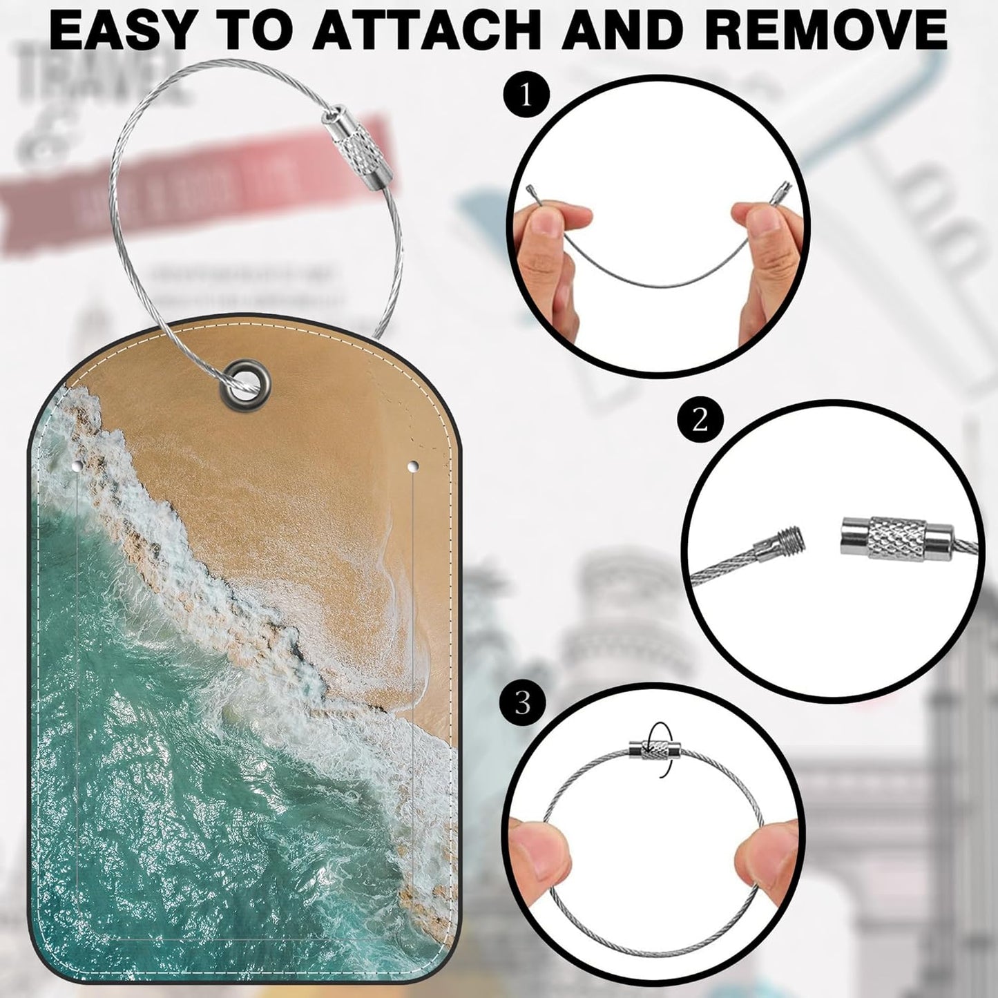 2 PCS Leather Luggage Tag for Suitcase Sea Waves and Sand Beach Scene Travel Suitcase Labels with Privacy Name ID Label and Stainless Steel Loop for Adults Teens Travel Bag Labels Set