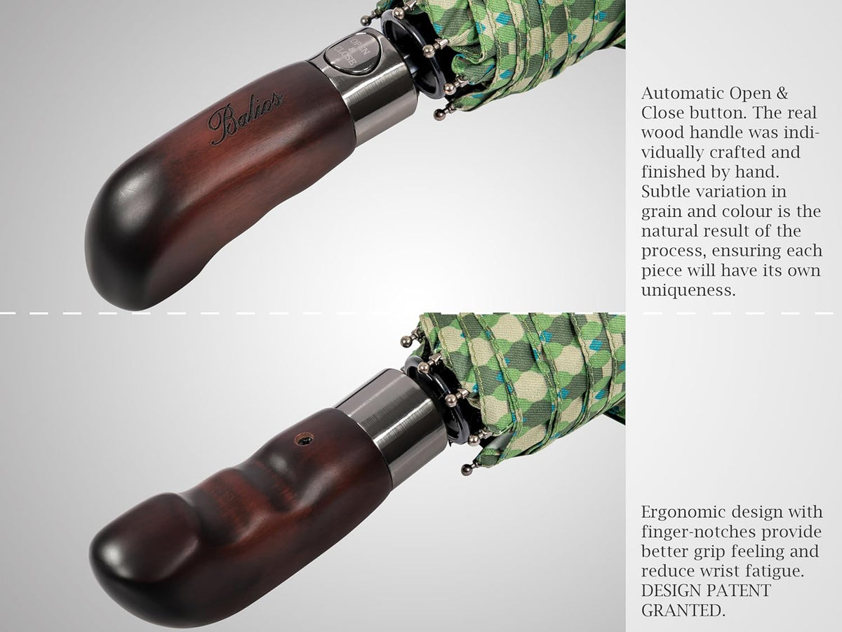Balios Travel Folding Umbrella with Real Wood Handle Auto Open Close Vented Windproof Canopy - Designed in UK
