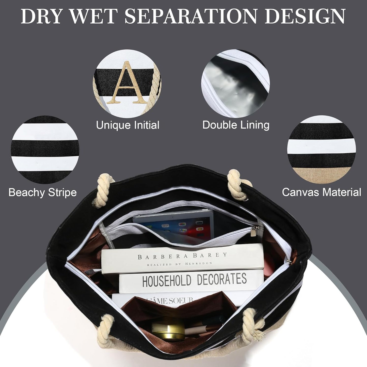 YOOLIFE Initial Canvas Waterproof Beach Tote Bag Zipper Personalized Gifts for Women Her Birthday Travel Beach Essential