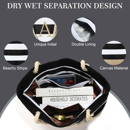 YOOLIFE Initial Canvas Waterproof Beach Tote Bag Zipper Personalized Gifts for Women Her Birthday Travel Beach Essential