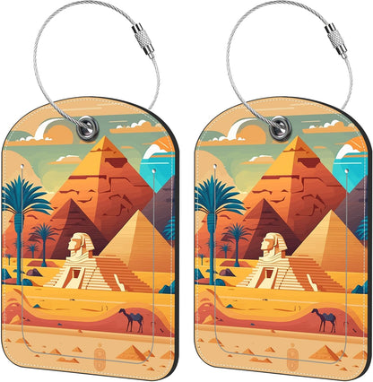 2 Pack Cute Luggage Tag for Suitcases Pyramid of Egypt Leather Luggage Tags with Stainless Steel Loop Privacy Flap Name Tags,Men and Women Travel Bag Suitcase Tags