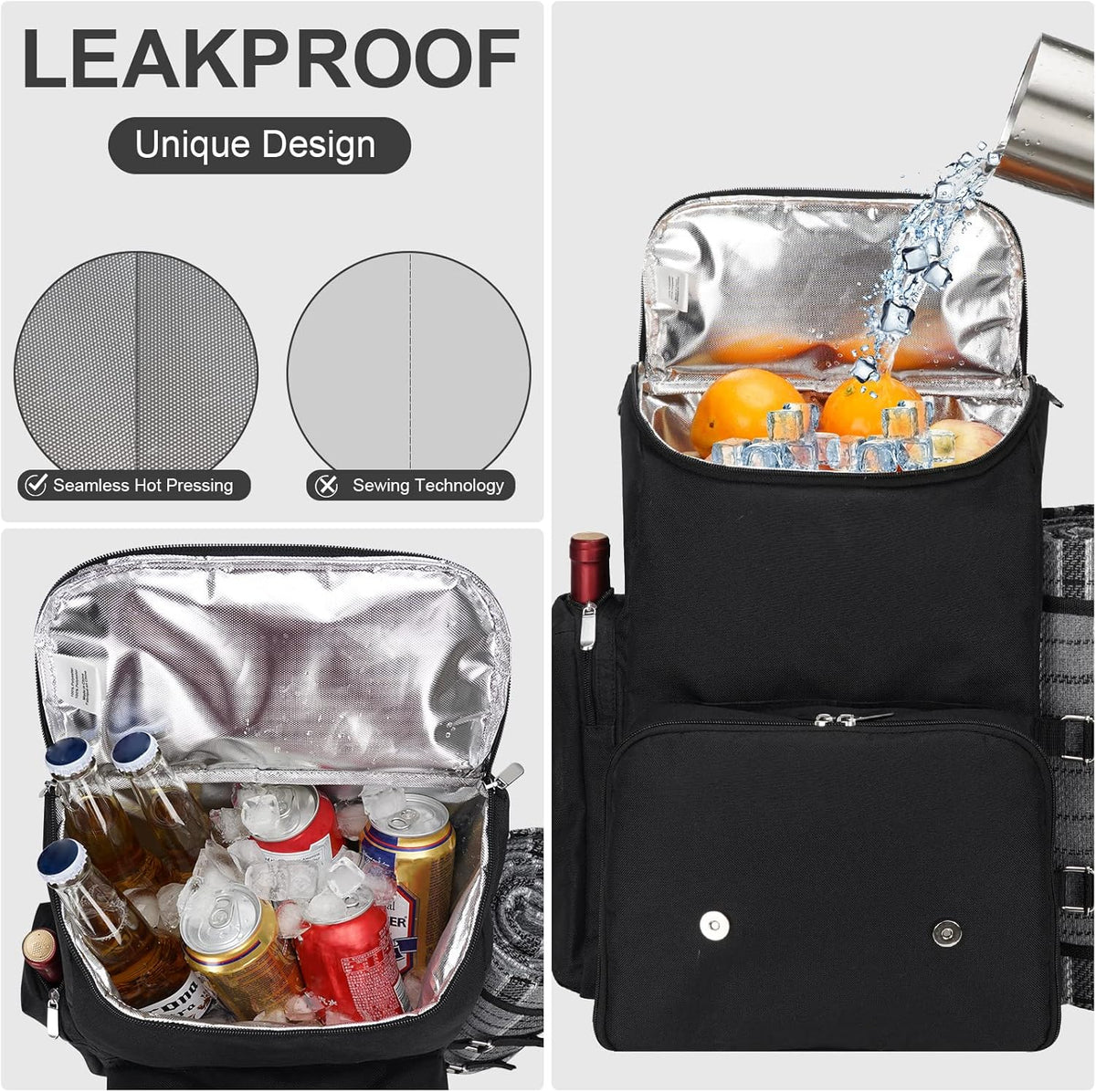 Picnic Backpack for 2 Person with Large Insulated Cooler Bag, Picnic Basket Set with Wine Pouch, Waterproof Picnic Blanket & Cutlery Set. Perfect for Camping, Party,Wedding Gift for Couple.2P-Black