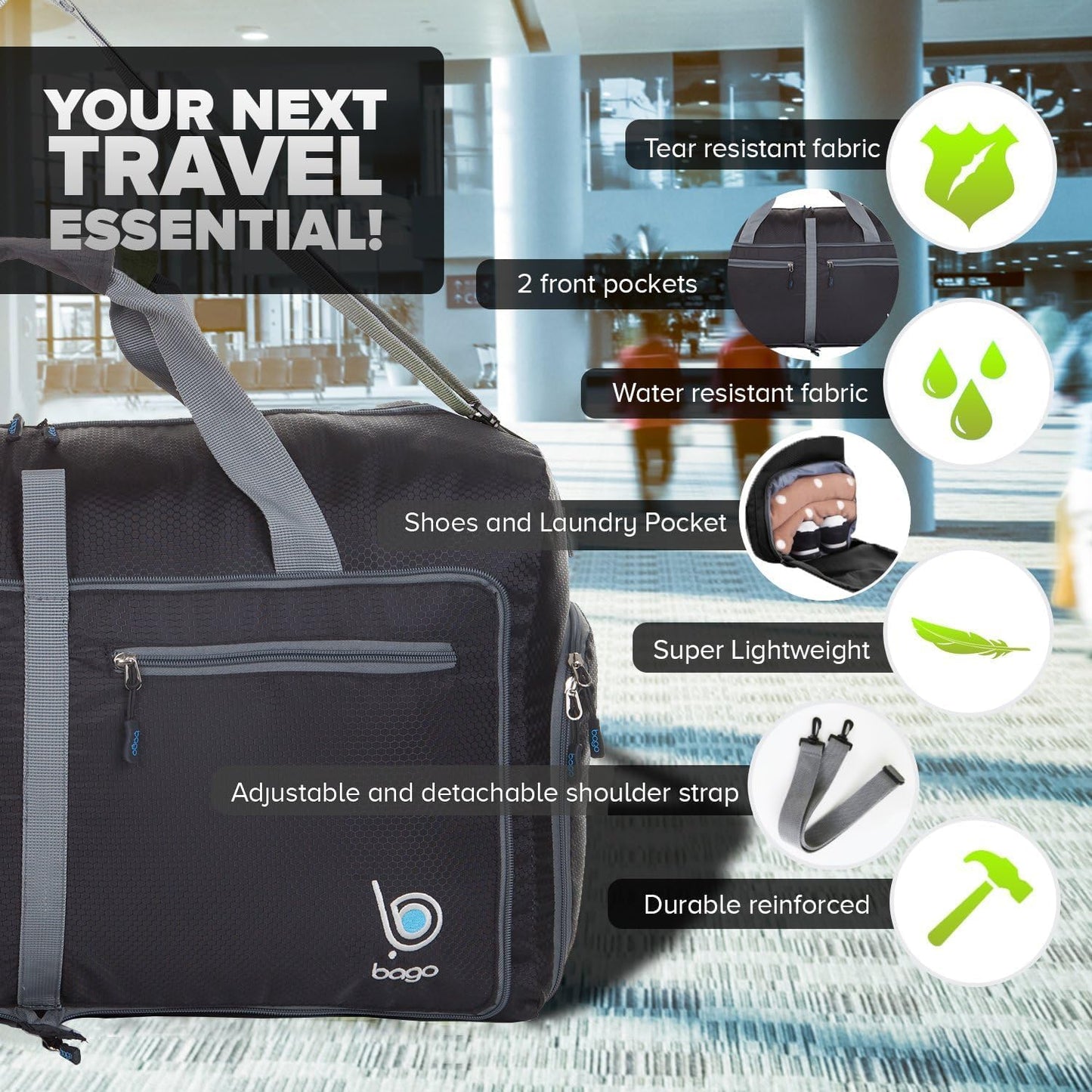 Bago Large Foldable Duffel Bags for Traveling Women & Men - 80L Packable Duffle Bag for Travel with Shoe Compartment - Water Repellant, Heavy Duty, Lightweight Folding & Collapsible (Black)