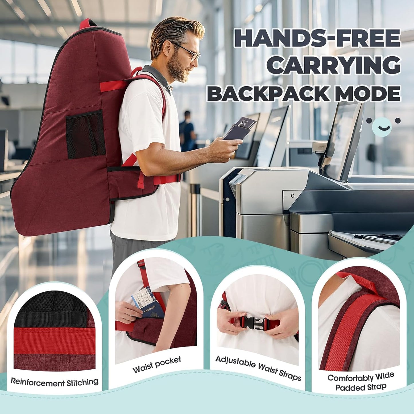 RAINSMORE Padded Car Seat Travel Bag for Airplane Heavy Duty Car Seat Backpack for Air Travel Baby Carseat Cover Bags for Airport Large Car Seats Carrier Fits Car Seats & Booster Seats,Red