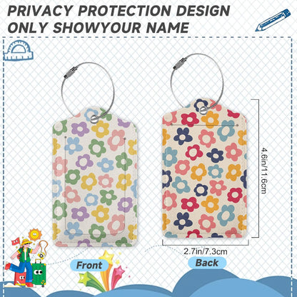 2 Pack Luggage Tag for Suitcase, Vintage Groovy Flower Leather Bag Tags Identifiers Privacy Cover ID Label with Durable Steel Loop for Women Men Kids Girls Travel