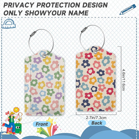 2 Pack Luggage Tag for Suitcase, Vintage Groovy Flower Leather Bag Tags Identifiers Privacy Cover ID Label with Durable Steel Loop for Women Men Kids Girls Travel
