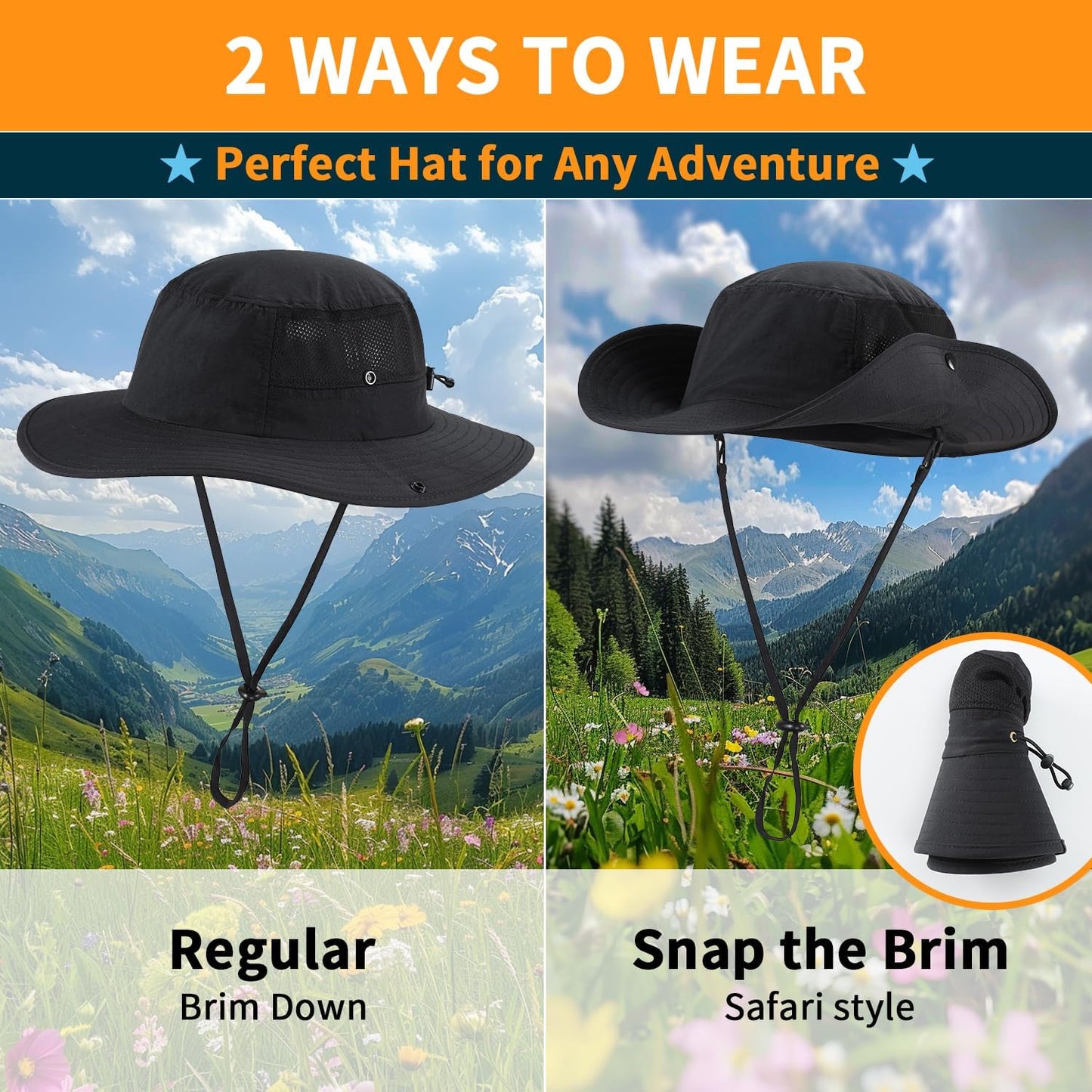 Home Prefer UPF50+ Mens Sun Hat Wide Brim Womens UV Protection Beach Bucket Hat for Fishing Hiking Snap Up Cowboy Hat