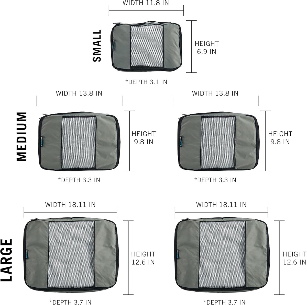 TravelWise Packing Cube System - Durable 5 Piece Weekender Plus Set (Silver)