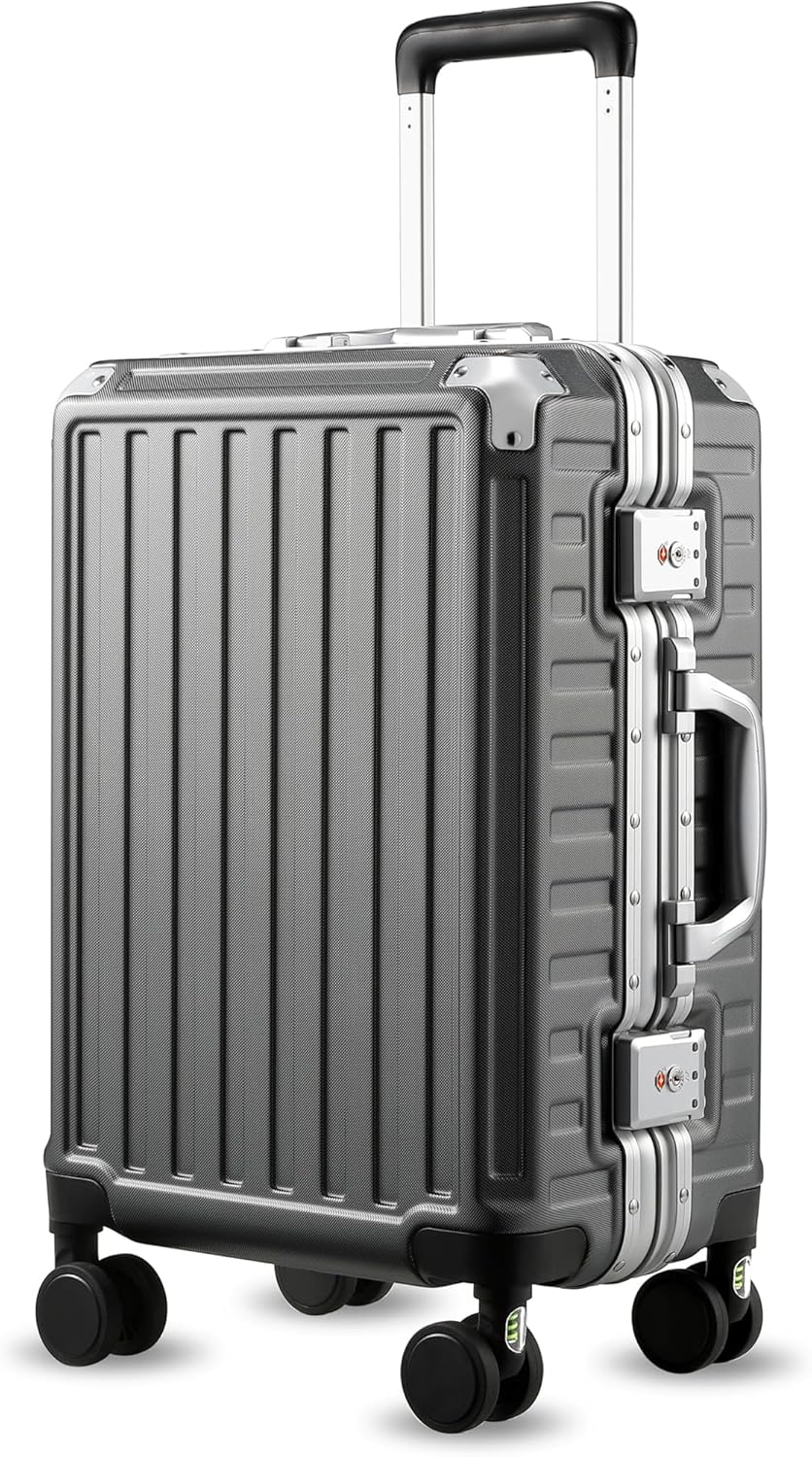 LUGGEX Carry On Luggage with Spinner Wheels, 20 Inch Aluminum Frame Zipperless Polycarbonate Hard Shell Suitcase, Charcoal Metallic
