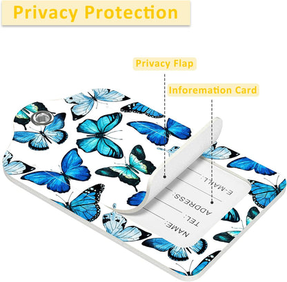 2 Pack Luggage Tag for Suitcase,Beautiful Blue Butterfly PU Leather Suitcase Tags Identifiers with Privacy Name Address Labels and Durable Steel Loop for Women Men Travel