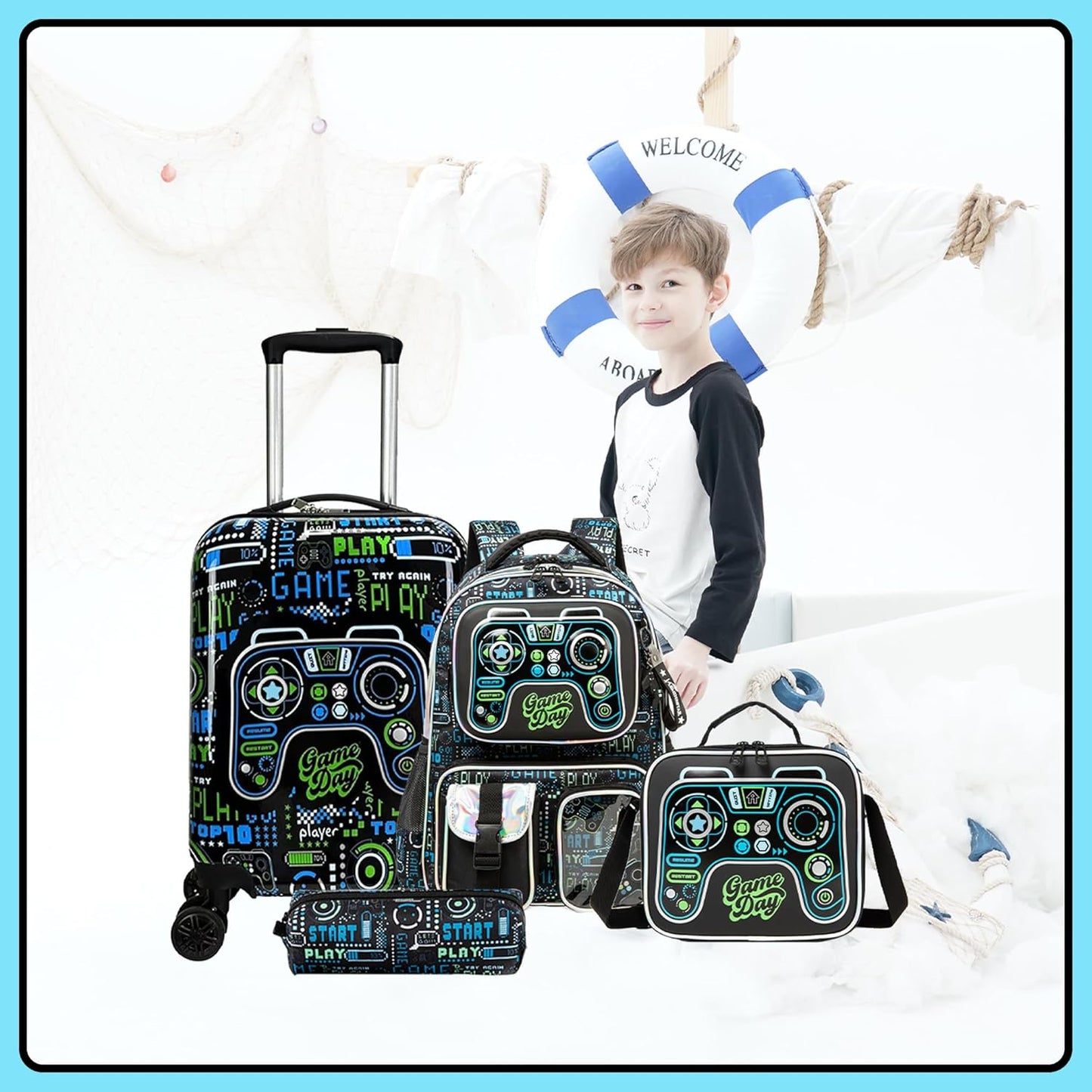 Kid’s Luggage Set 5 Piece Suitcase Set 16’’ Hardside Luggage with Spinner Wheels Girls Boys Carry on Luggage Travel Rolling Luggage Airline Approved
