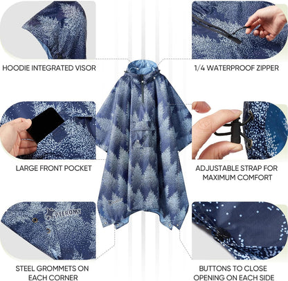 PTEROMY Hooded Rain Poncho for Adult with Pocket, Waterproof Lightweight Unisex Raincoat for Hiking Camping Emergency