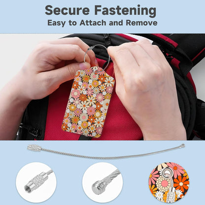 2 Pack Luggage Tag for Suitcase,Vintage Groovy Flowers Leather Suitcase Tags Identifiers with Privacy Name Address Labels and Durable Steel Loop for Women Men Travel