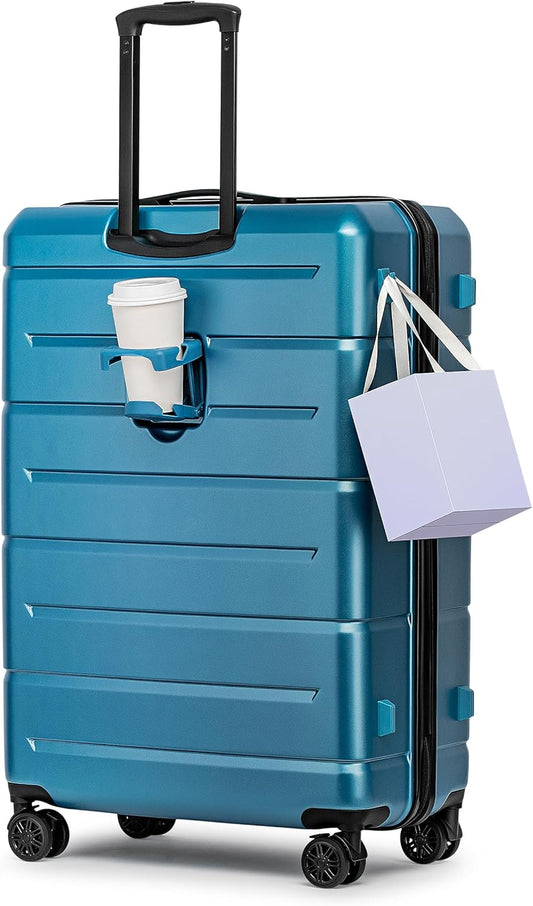 KYME Suitcases with Wheels Hardshell 30 Inch Luggage TSA Approved Large Checked Luggage Durable Travel Rolling Suitcase with Cup Holder for Women Men Light Blue