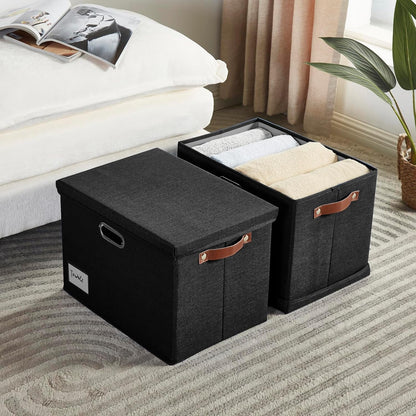 17" Large Collapsible Storage Bins with Lids, Stackable Closet Organizers with PU Handle and Labels, 3-Pack Decorative Fabric Storage Boxes for Home, Bedroom, Closet, Office, Nursery(Black)