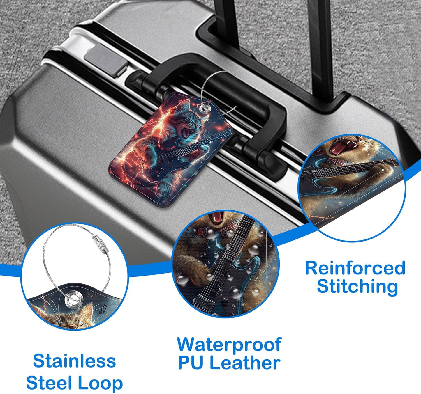 Cat Playing Electric Guitar Luggage Tags for Suitcases Leather Travel Tags for Luggage ID Label with Privacy Cover and Stainless Steel Loop for Men Women Suitcase Backpack, Set of 2