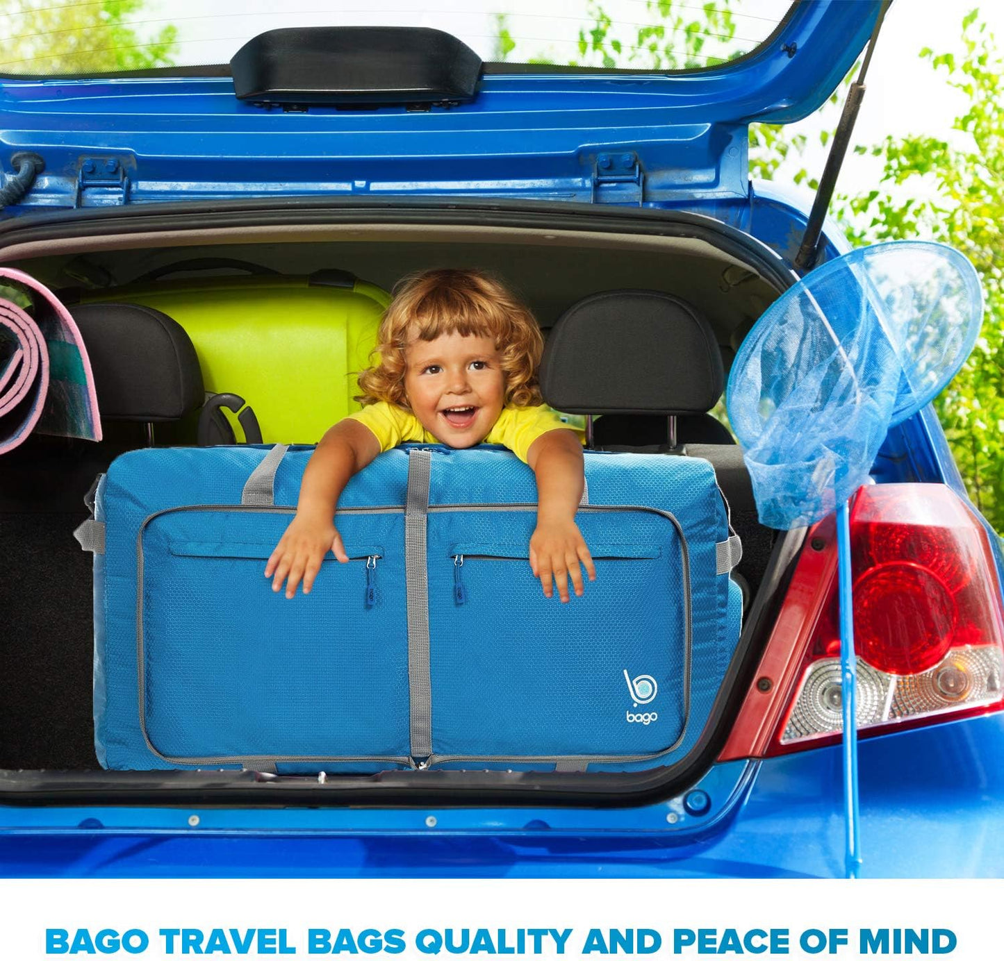 Bago Large Foldable Duffel Bags for Traveling Women & Men - 100L Packable Duffle Bag for Travel with Shoe Compartment - Water Repellant, Heavy Duty, Lightweight Folding & Collapsible (Blue)