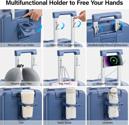 Hanke 20 Inch Carry On Luggage with Cup Holder and Charge,Top Opening Hard Shell Suitcases with Wheels and Dividers,Aluminum Frame Trunk Luggage Small Suitcase with Lock for Travel,Interstellar Blue