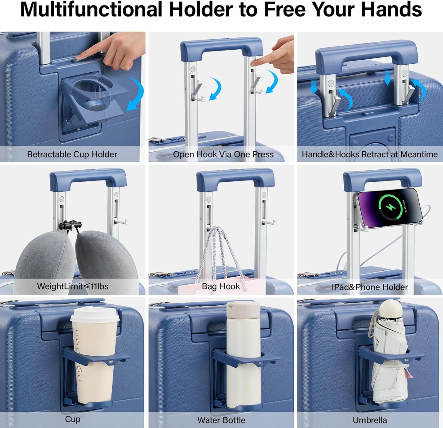 Hanke 28 Inch Luggage with Cup Holder and Charge,Top Opening Hard Shell Suitcases with Wheels and Dividers,Aluminum Frame Trunk Luggage Extra Large Suitcase with Lock for Travel,Interstellar Blue