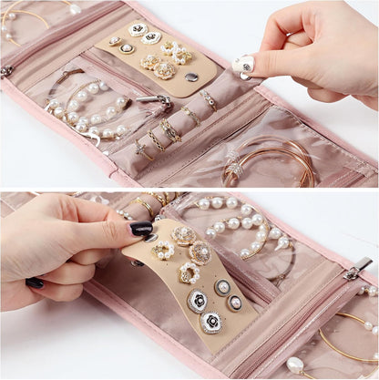 BELALIFE Travel Jewelry Case Organizer, Small Foldable Storage Roll for Earrings, Necklaces, Rings, Bracelets, Brooches, Pink