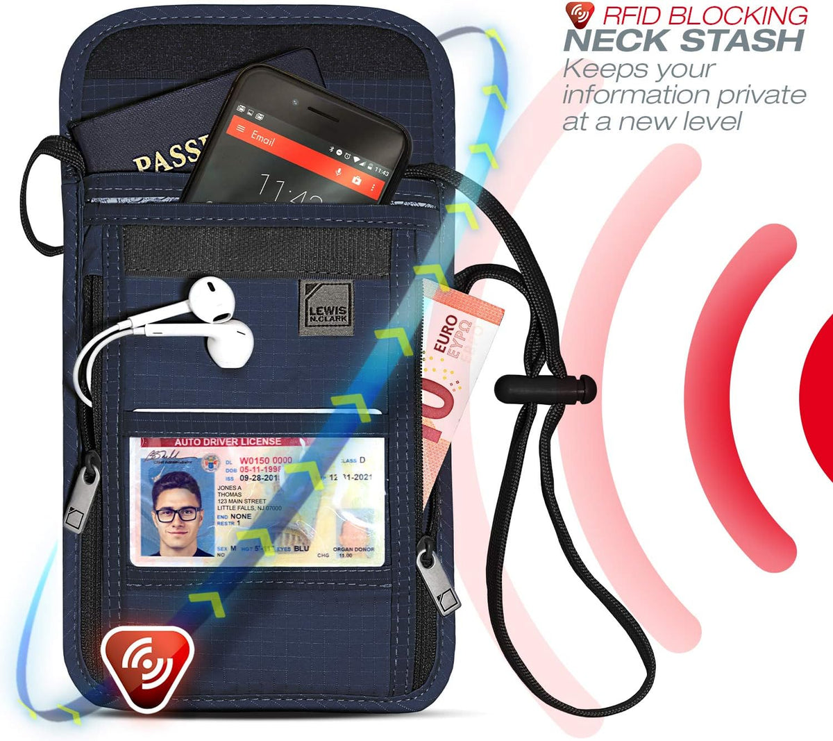 Lewis N. Clark RFID Blocking Stash Neck Wallet, Travel Pouch + Passport Holder for Women & Men, Navy, One Size