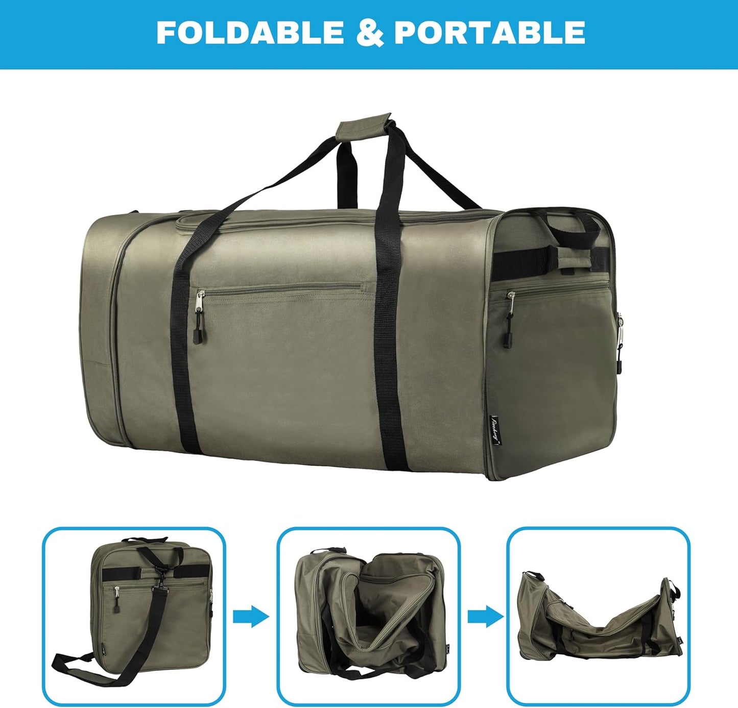 Finnhomy 100L Foldable Rolling Duffel Bag with 2 Wheels, Light Weight Travel Duffel bag with Large Loading Capacity, 32 inch Rolling Duffel bag with Shoulder Strap for Travel Camping Sports, Green