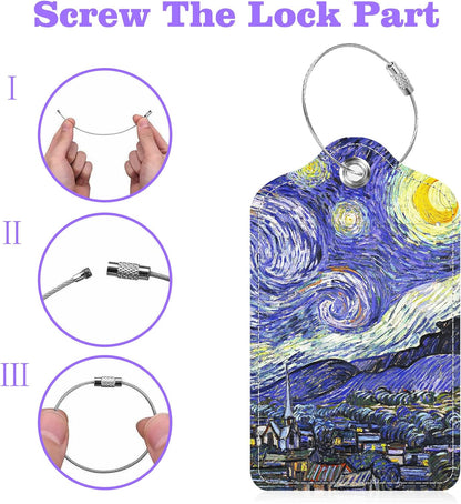 2 Pack Luggage Tags for Suitcase The Starry Night Leather Stainless Steel Loop Label Tags for Women Men Travel Bag Suitcase with Privacy Cover Name ID Card