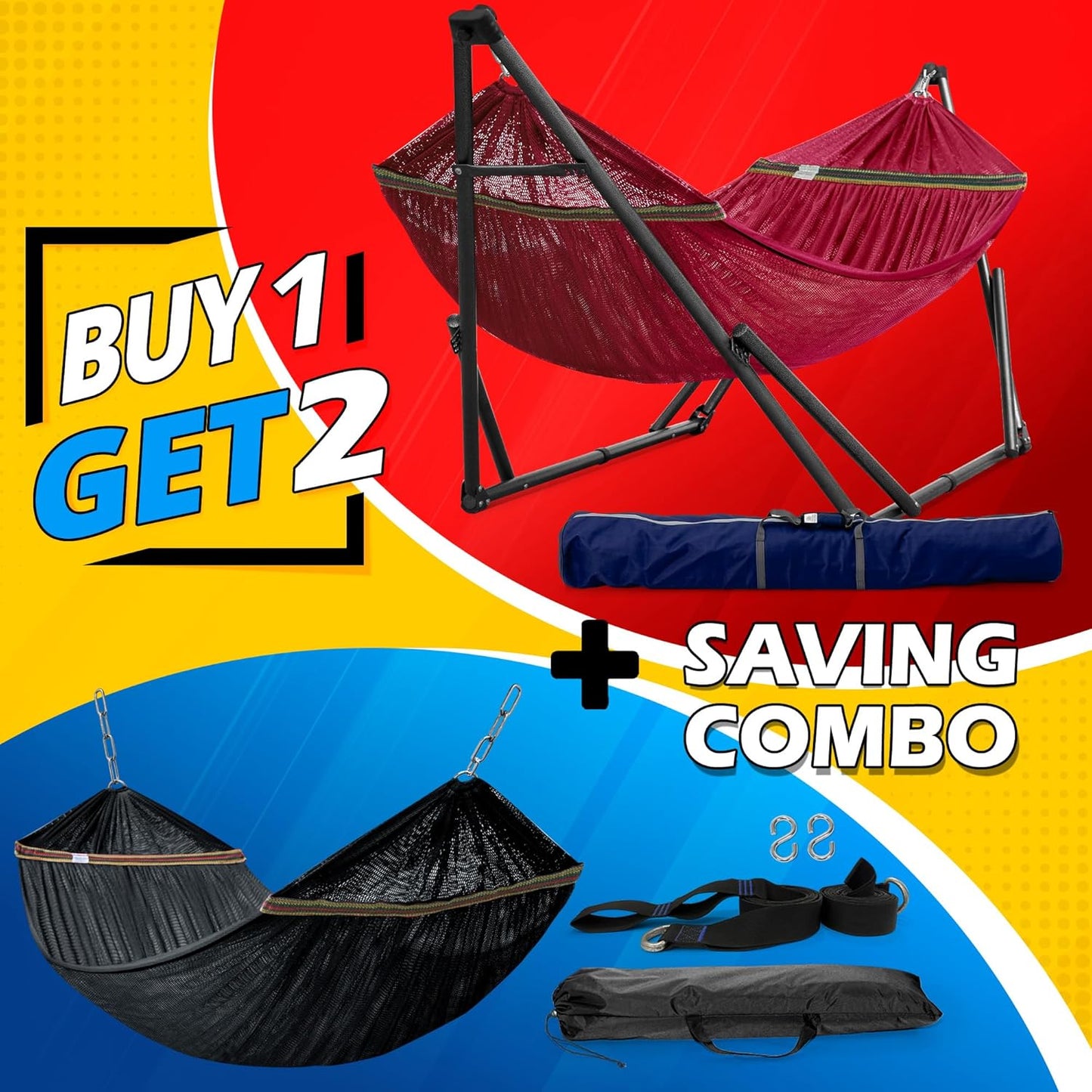 Tranquillo Combo x2 Hammocks with Stand for Outside & Tree Straps, Heavy Duty Hammock with Stand 600lbs for Indoor Outdoor Patio Backyard, x2 Hammocks for 2 Person, Portable Carrying Bags, Red