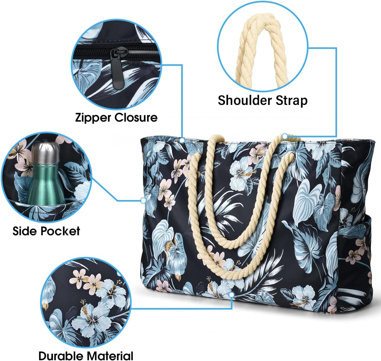 Becokan Beach Bag Large Beach Tote Bag for Women Waterproof Sandproof Swim Pool Bag With Zipper